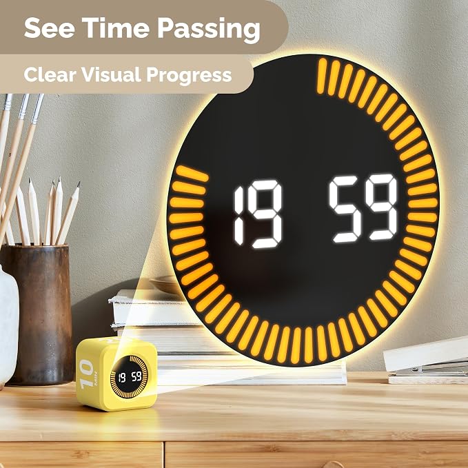 KADAMS Timer Pomodoro - Productivity Pomodoro Cube, 5/10/25/50 Min Countdown & Countup, Silent – for Work Study Workout Kitchen School Classroom Office ADHD Gift Kids (1, Yellow)