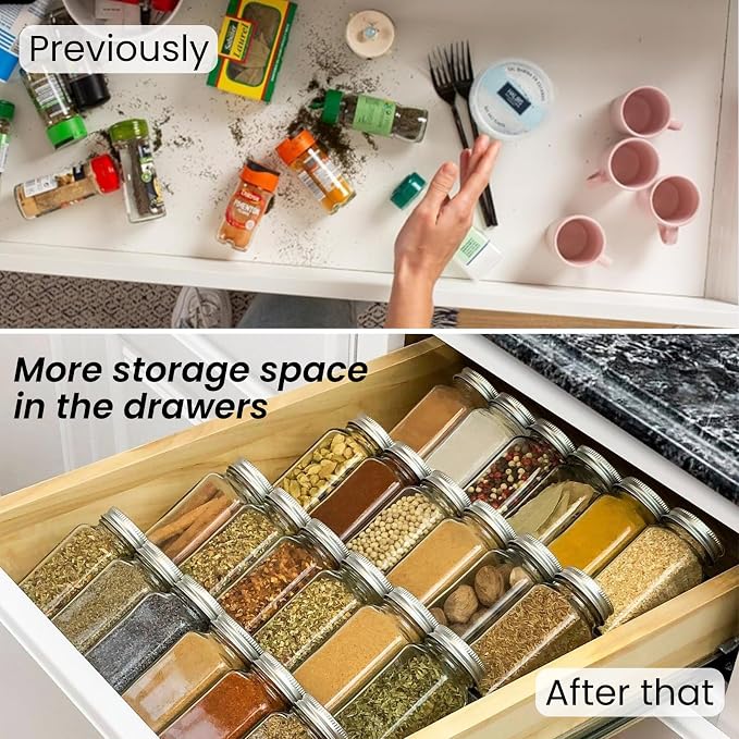 24 Spice Jars With Labels, Seasoning Containers, Includes Funnel, Marker Pen, Brush, Stickers, 4oz Capacity for Spice Rack, Drawer, Cabinet