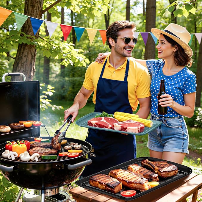 Grilling Prep & Serve Trays for Party Set of 2, Large BBQ Serving Platters | Dishwasher Safe Plastic Trays for Raw and Cooked Food 17"×10.5" Stackable Party Supplies for Grilling, Meal Prep, Green/Black