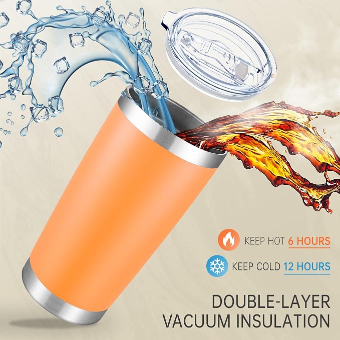 20 oz Tumblers Bulk Stainless Steel Tumbler with Lid, 6 Pack | Orange, 20oz Insulated Coffee Mug, Double Wall Vacuum, Powder Coated Cup, for Hot and Cold Drinks