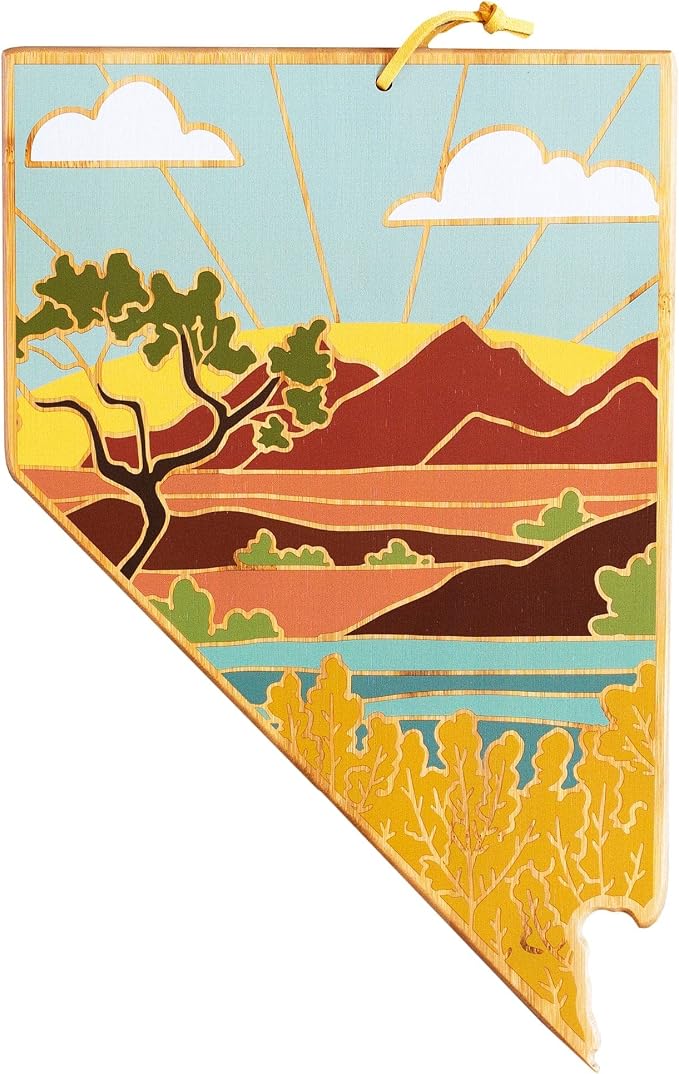 Totally Bamboo Nevada State Shaped Cutting Board, Summer Stokes Art | State charcuterie board with colorful hand-drawn landscape art. Smooth reverse side for food prep. Hang tie for wall display.