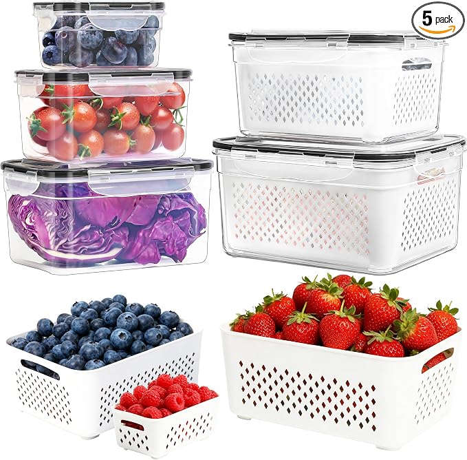 PRAKI Fruit Storage Containers for Fridge with Removable Colander, 5-Pack | 4 in 1 Food Storage Containers, Produce Saver for Refrigerator Keep Fruits, Berry Fresh Longer, Multiple Sizes, BPA-Free