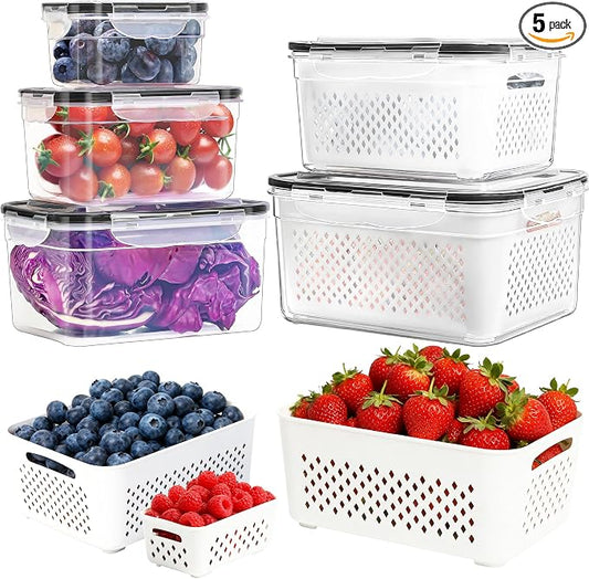 PRAKI Fruit Storage Containers for Fridge with Removable Colander, 5-Pack | 4 in 1 Food Storage Containers, Produce Saver for Refrigerator Keep Fruits, Berry Fresh Longer, Multiple Sizes, BPA-Free
