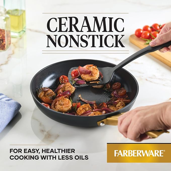 Farberware Forged Induction Ceramic Cookware Nonstick Frying Pan/Skillet, Dishwasher Safe, Suitable for All Stovetops, 10 Inch Fry Pan - Black and Gold