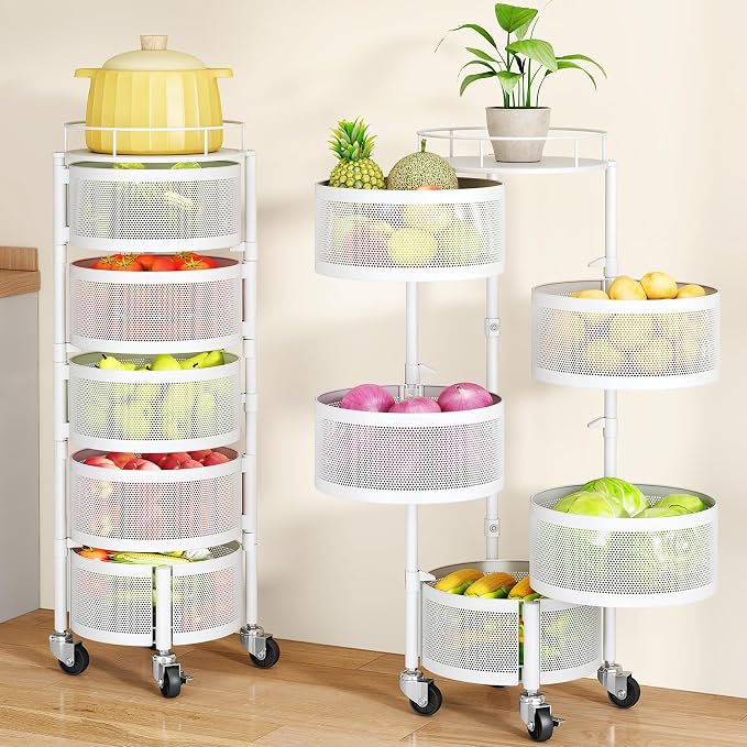 SAYZH 5 Tier Fruit Vegetable Basket Stand for Kitchen, Rotating, White | Rolling Storage Cart with top lid, Large Metal Wire Rack for Potato and Onion Storage