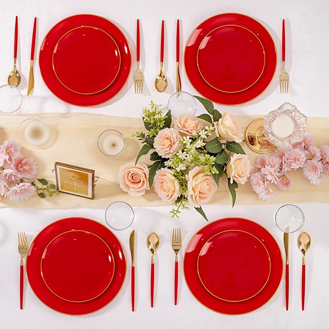 DaYammi 150Pcs Red Plastic Plates with Gold Rim,Fancy Disposable Dinnerware Set with Red Handle Gold Cutlery, Includes 30 Dinner Plate,30 Dessert Plate,30 Knives,30 Forks,30 Spoons for Party Wedding