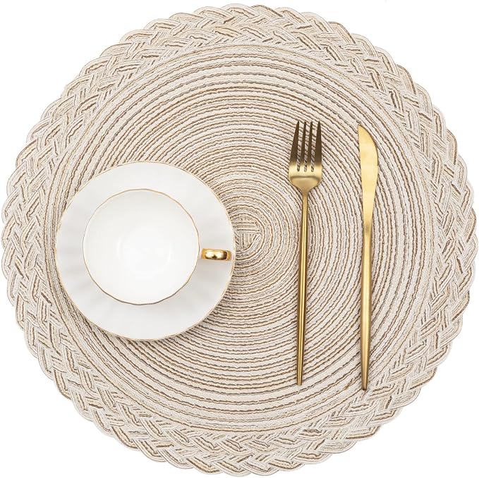 SHACOS Round Placemats Set of 4 Boho Braided Border 15 inch Circle Place Mats Washable Fabric Table Mats for Kitchen Dining Table, Ivory (Pack of 2)