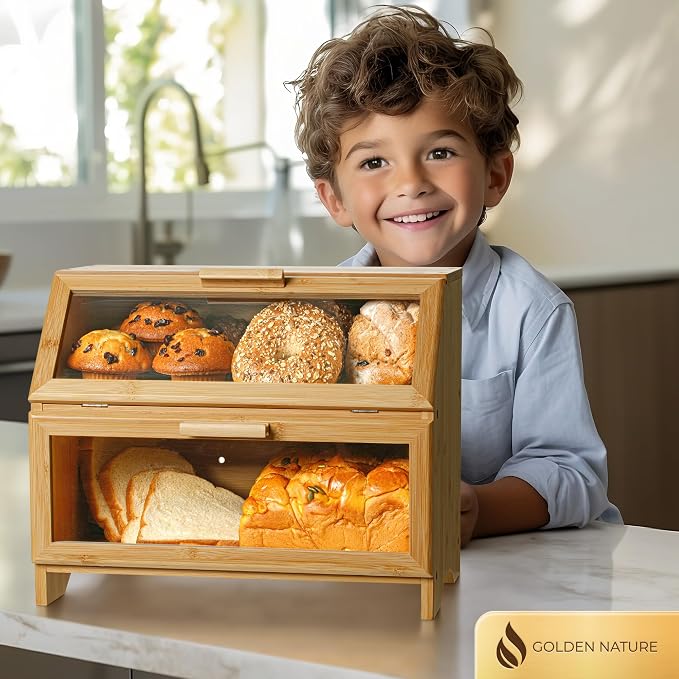 Double Layer Bamboo Bread Box for Kitchen Countertop, Large Wooden Storage Box W/Clear Display Windows, Food Keeper for Muffins, Bagels & Cookies | Golden Nature bread storage box with clear display windows, food keeper for muffins, bagels, cookies, an...