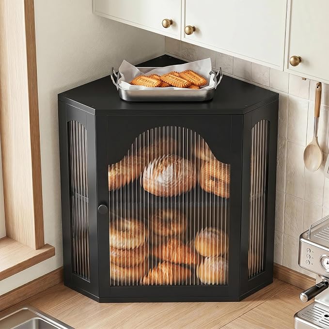 2-Tier Corner Bread Box for Kitchen Countertop with Acrylic Wavy Door Panel | Bread Storage for Homemade Bread, Large Bamboo Vintage Farmhouse Bread Bin, Cabinet Cupboard Pantry, Black, Extra Large