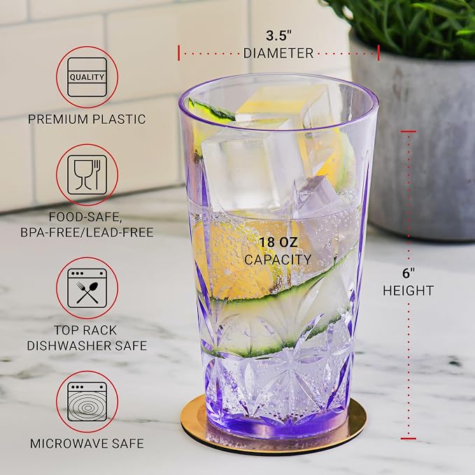 Bravario Royal Plastic Drinking Tumbler, Premium Quality Water Glasses, Dishwasher-Safe BPA-Free Durable Mixed Colors Assorted Stackable Cups, 18 oz Set of 6
