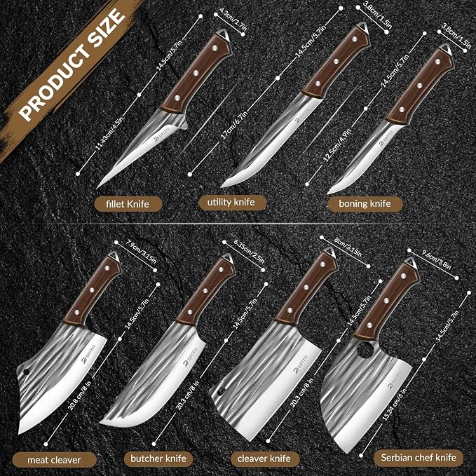 Butcher Knife Set, Sharp Kitchen Knife Set with Roll Bag Gift for Men | Hand Forged 14PCS Butcher Chef Knife Set with Bone Chopping Knives & Meat Cleaver Knife & Fillet Knives for Home, Camping BBQ