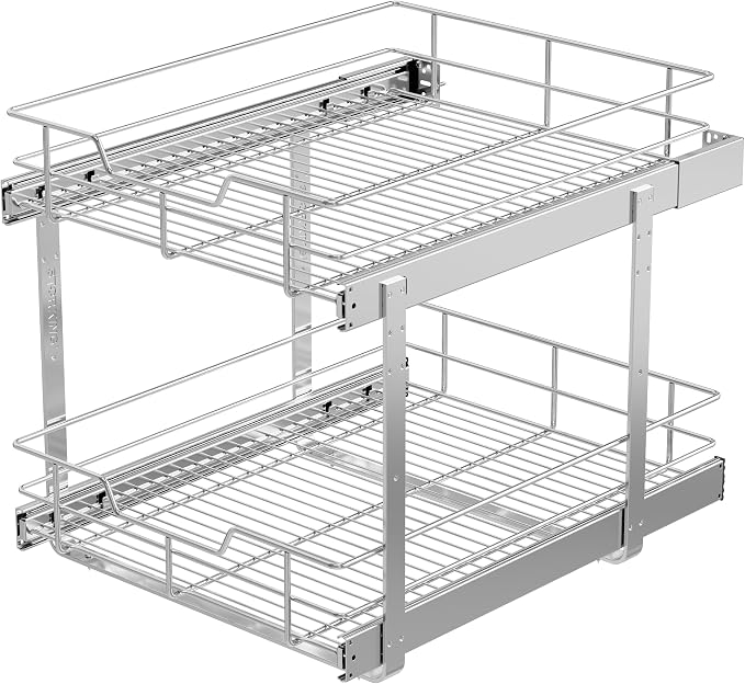 2 Tier Pull Out Cabinet Organizer 18" W X 22" D, Chromed, Full Slide Out | For Kitchen Organizers and Storage, Pull Out Drawers For Cabinets Capacity Heavy Duty Caddy, Cabinet Shelves, Bathroom Pantry