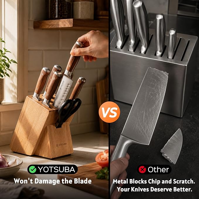 YOTSUBA 8 PCS Japanese Kitchen Knife Set with Block, Ultra Sharp Knives Set | Ergonomic Premium Natural Rosewood Handle, High Carbon Stainless Steel, Full Tang Construction, Poke-Proof Construction