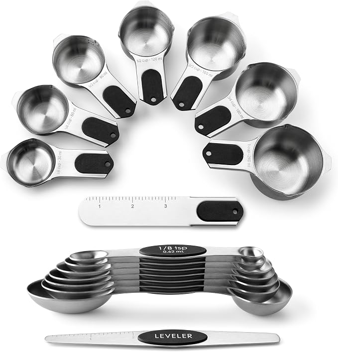 Spring Chef Magnetic Measuring Cups & Spoons Set of 16, Patented, Black | Stackable Stainless Steel Measuring Cups & Heavy Duty Metal Measuring Spoons with Levelers for Dry & Liquid Ingredients