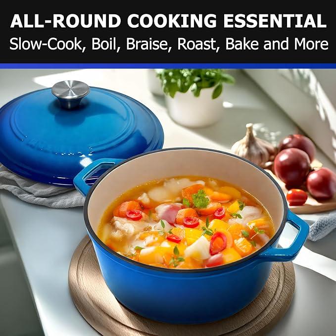 Mueller 6qt Enameled Cast Iron Dutch Oven, Heavy-Duty Casserole and Braiser Pan with Lid and Knob, Safe for All Cooktops, Aqua Blue | Casserole & Braiser Pan, Sourdough Bread Baking, PFOA-Free, Oven Safe to 500°F, All Cooktops incl. Induction, Aqua Blue