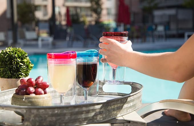 STRATA CUPS Insulated Wine Tumbler With Lid (SET OF 10) BONUS Name Decals - Outdoor Acrylic Plastic Wine Glasses, 10oz Cup Tumblers in 10 Colors - Adult Sippy, Unbreakable Stemless Wine Glass