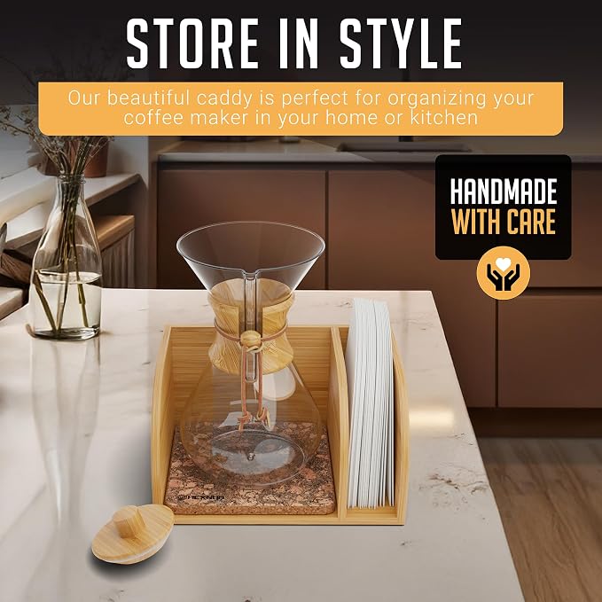 Pour Over Caddy with Lid for Chemex Bodum Cosori Coffee Makers Cork | Handmade Bamboo Stand, Lid, Filter Holder, Heatproof Mat for a Cleaner Coffee Station