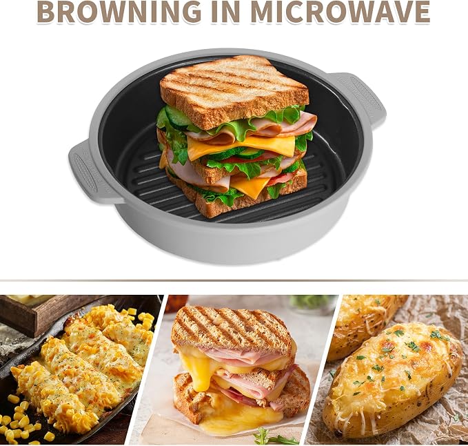 Microwave Grill Pan, Fry Griddle Crisper Pan with Lid for Grilling Browning and Crisping Foods Microwave Silicone Cookware for Baked Potato Meat Sandwich Vegetable Blue