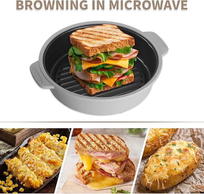 Microwave Grill Pan, Fry Griddle Crisper Pan with Lid for Grilling Browning and Crisping Foods Microwave Silicone Cookware for Baked Potato Meat Sandwich Vegetable Dark Grey