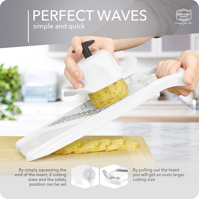 Börner by Reston Lloyd Wave-Waffle Power Line • Crinkle Cut/Spirelli Vegetable Slicer & Food Safety Holder • Slicer for Wave Waffle Cut Style • Multiple Thickness Options • Made in Germany, White