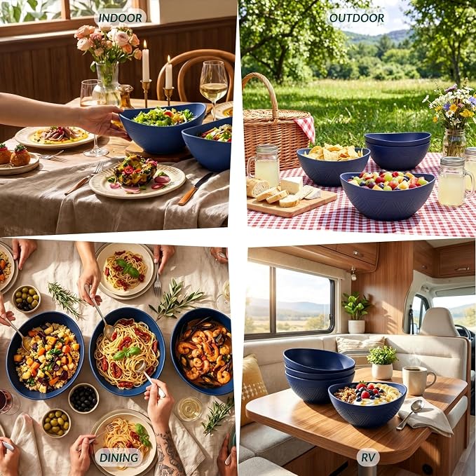 Wheat Straw Bowls, 9.6 inch Salad Bowls, Large Serving Dishes for Wedding Parties, Camping, 60 OZ Bowl Set for Salad, Popcorn, Oval Shape, Microwave & Dishwasher Safe, Set of 4, Dark Blue