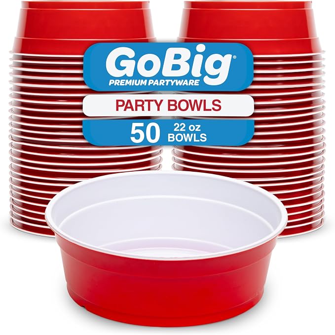 GoBig Red Party Cup Bowls - Large Disposable Plastic Bowls - 22 oz or 60 oz
