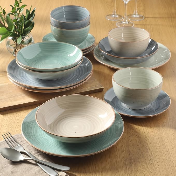 Gibson Home Stonebury 16 Piece Plates and Bowls Assorted Color Dishes - Handpainted Stoneware Dinnerware Set - Service for 4