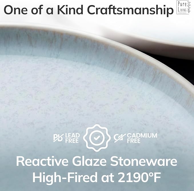 12 Piece Stoneware Dinnerware Set for 4 - Handmade Reactive Glaze Plates and Bowls Set - Chip & Scratch Resistant Dish Set - Dishwasher Microwave Safe - Light Beige & Blue | Reactive Glaze Coating, Dishwasher & Microwave Safe Dish Set, Chip & Scratch R...