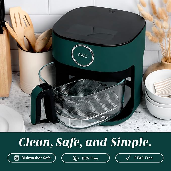 COOK WITH COLOR 1400W 5.5Qt Digital Kitchen Air Fryer with Glass Basket, 8 Presets Healthy Cooking Options, Bake, Fry, Reheat, 60-Min Timer, Adjustable Temperature Control 175°F–400°F, Sage