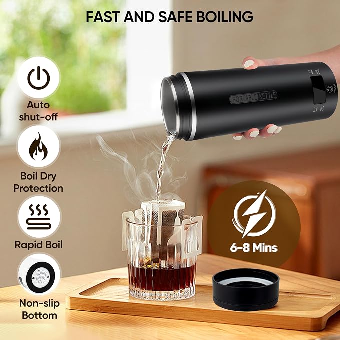 Travel Electric Tea Kettle Portable, 450ML, 316 Stainless Steel, 4 Temp | Small Hot Water Boiling Coffee Warmer Heater, Fast Boiler, Auto Shut-Off, Boil Dry Protection, LCD Display (Black)