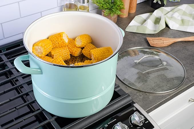 Kenmore Broadway 16-Quart Stock Pot With Steamer Insert and Lid, Glacier Blue, Large Stainless Steel Cookware for Boiling, Steaming, and Soups