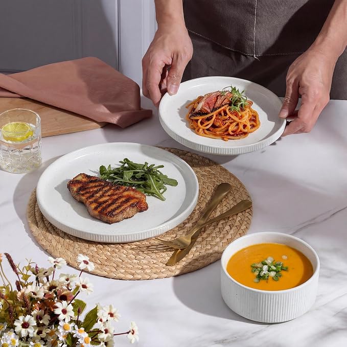 E-far Stoneware Dinnerware Sets for 2, 6-Piece Plates and Bowls Sets, White | Plate Set for 2, Chip & Scratch Resistant Ribbed Dish Set for Home Restaurant, Microwave & Dishwasher Safe, Speckled White