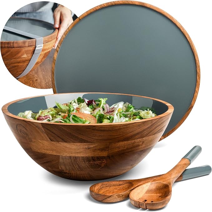 Large Wooden Salad Bowl Set 12.5 Inch with Serving Utensils, Tray Lid and Carry Strap. Acacia Wood Large Salad Bowls Ideal for Fruits and Dishes, Wooden Bowls for Food, Serving and Fruit Bowl
