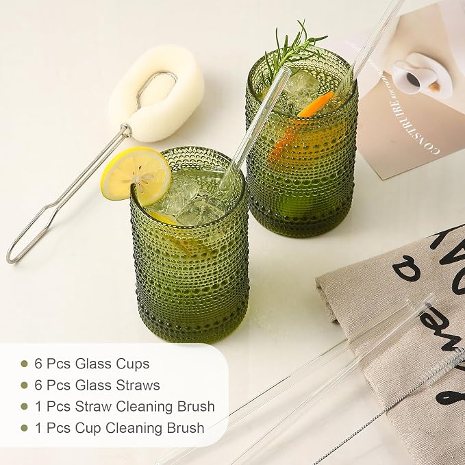 ZMOWIPDL Drinking Glasses Set of 6,15 oz Green Hobnail Glass Cups | Vintage Glassware，Embossed Water Tumbler,for Beer,Cocktail,Whiskey,Juice and Various Mixed Drinks- 1 Cleaning Brush