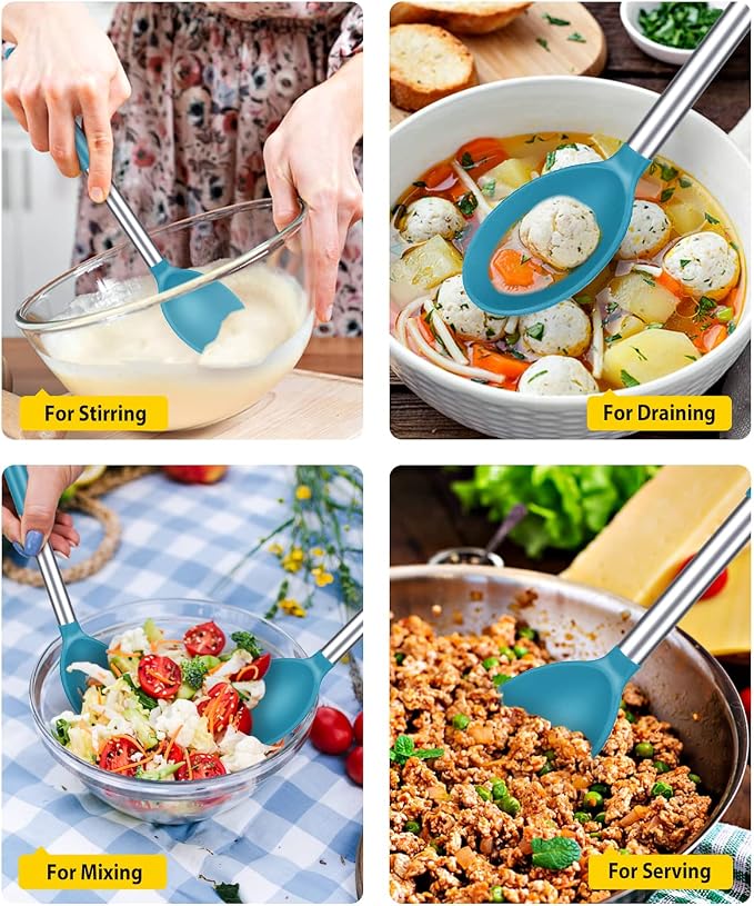 BUNDLEPRO Silicone Cooking Spoons for Non Stick Cookware, 2 Pack, Blue | Heat Resistant, Large Kitchen Spoons for Mixing, Serving, Draining, Stirring