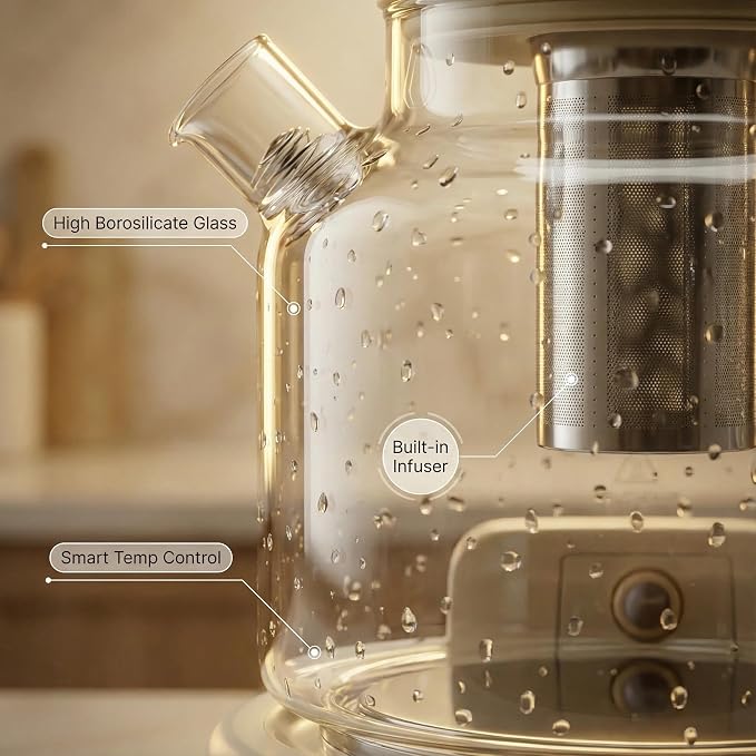 Lemuugo 1.2L Glass Tea Kettle with Infuser, Temp Control, 24H Timer | 1 liter electric tea kettle with infuser, temperature control kettle allglass, 24H preset timer for loose leaf tea.