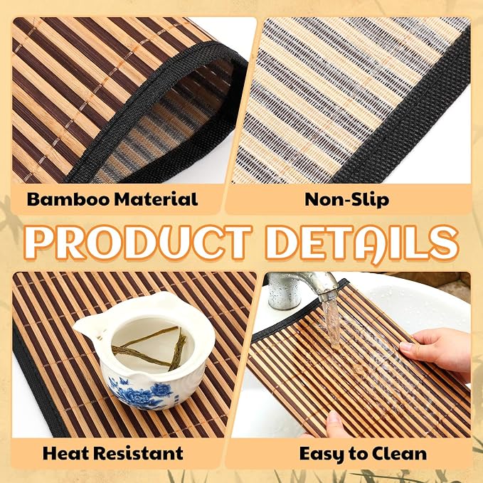 Pickmesh Bamboo Placemats Set of 6, Bamboo Table Mats Set with Fabric Border,18'' x 12'' Woven Placemat, Japanese Style, Washable Heat Resistant Place Mats for Kitchen and Dining Room