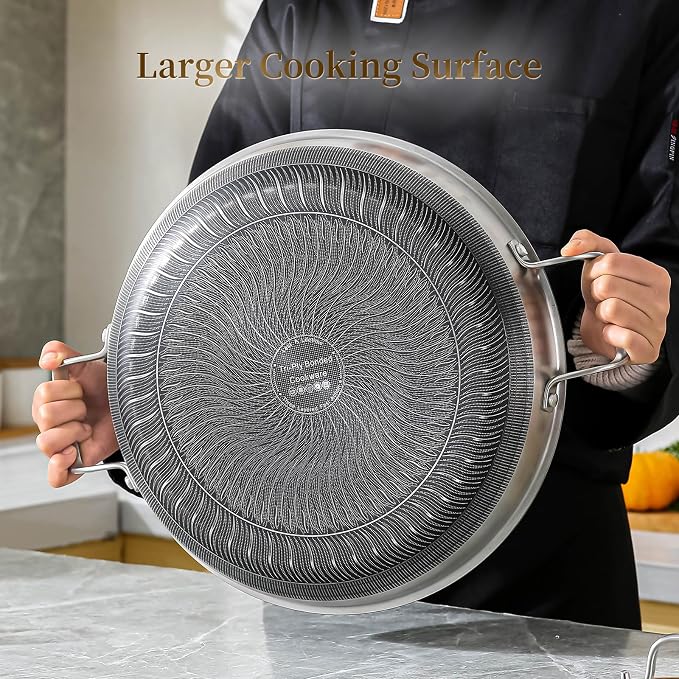 DELARLO Nonstick Paella Pan With Lid 14 Inch, Tri-Ply Stainless Steel Large Skillet, Everyday Pan, Fast & Even Heating Induction Cooking Pan, Dishwasher and Oven Safe, Heavy Duty Style