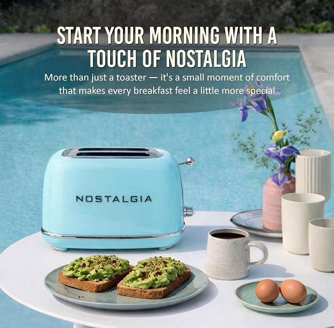 Nostalgia Classic Retro 2-Slice Toaster- Vintage Design- Enamel Coated Steel Body- Wide Slots for all Breads- Crumb Tray, Cord Storage- Defrost,Cancel and Bagel Function & 6 Toasting Levels- Aqua