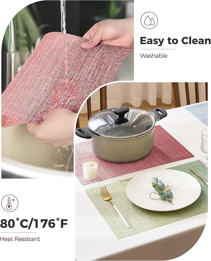 Leetaltree Gradient Pink Woven Placemats Set of 12 - Heat Resistant Non-Slip Place mats for Dining Table, Washable Durable PVC Vinyl Woven Table Mats(Gradient Pink, 12)