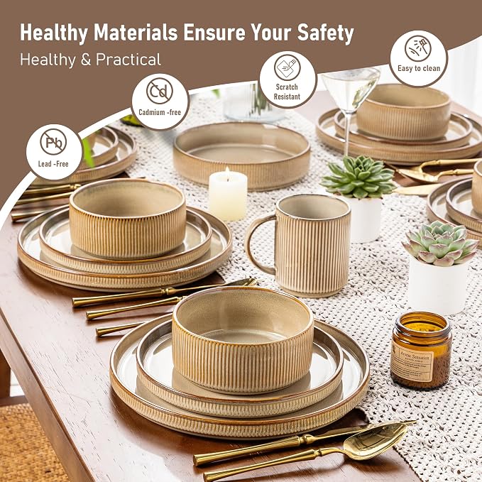 GBHOME Stoneware Dinnerware Sets for 4, 12-Piece Plates and Bowls Set | Handmade Reactive Glaze Ceramic Dish Set, Scratch Resistant, Dishwasher&Microwave Safe,Barley Latte