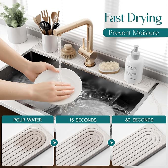 30 Inch Faucet Mat for Kitchen Sink - Instant Dry Sink Protector for Countertop, Extra-Long Diatomaceous Earth Stone Sink Tray Around Faucet for Kitchen Bathroom RVs (Light Grey, 30" x 3.9")