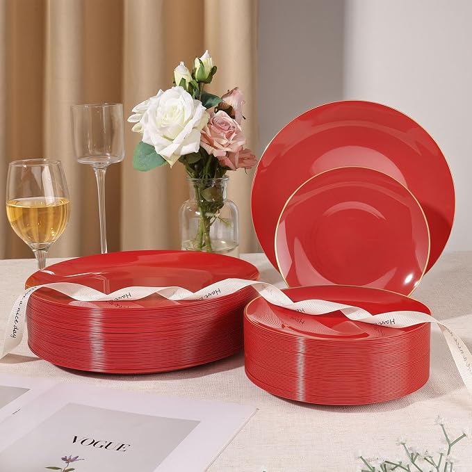 350 PCS Red Plastic Dinnerware Set, Red and Gold Rim Disposable Plates for 50 Guests, Include 100 Plates with 150 Plastic Cutlery, 50 Napkins and 50 Cups
