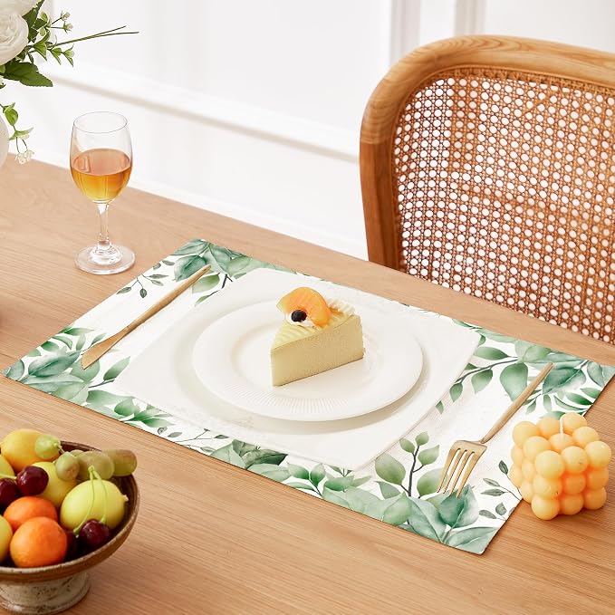 QIYI Boho Table Placemats Set of 4, 12"x18" Linen Place Mats, Green Leaves | Fabric Place Mats for Kitchen Dinning, Farmhouse Rustic Cloth Table Mats, Washable Placemat Party Table Décor