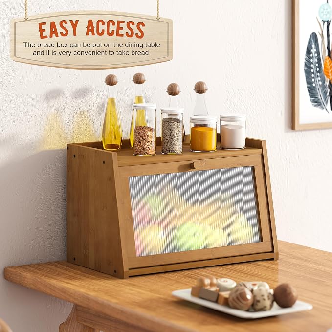 GHWIE Large Bread Box, Easy Access & Cleaning - Bamboo Bread Box for Kitchen Countertop with Acrylic Door (Coffee, Medium)