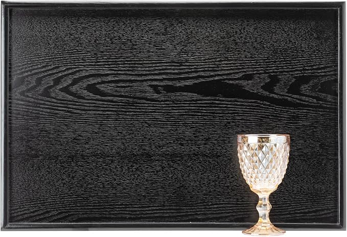 24 x 16 Inches Extra Large Solid Wood Serving Tray for Tea Coffee Table Snack Food Meals Serving Plate Kitchen Party Bar Breakfast Server with Raised Edges Black Wooden Decorative Ottoman Tray