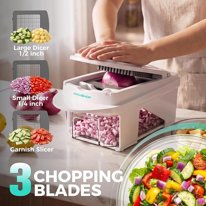 HAUSHOF All-in-1 Vegetable Chopper and Mandoline Slicer,13 Blades | Veggie Chopper and Spiralizer for Kitchen ,Dicer and Grater, Kitchen Prep Tool with Slide-Out Tray Container & Safety Holder