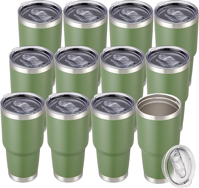 30 oz Tumbler with Lid Stainless Steel Tumblers Bulk, 12 Pack | Vacuum Insulated Cup, Leak Proof Lid, Powder Coated Travel Mug, Double Wall, Keep Cold Drinks for 12 Hours, Army Green