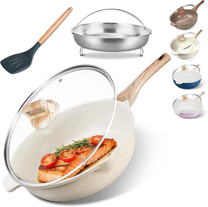 AOSION 12 Inch Nonstick Ceramic Deep Frying Pan with Lid & Steam Rack, 5.5QT Sauté Pan, Large Ceramic Skillet,Stay Cool Handle, Induction Compatible, PFOA & PFAS Free,white.