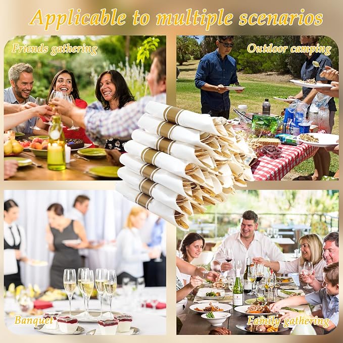 120 Pack Gold Plastic Silverware Wrapped Cutlery Set with Napkin | Heavy Duty Pre Rolled Disposable Gold Utensils Wrapped Flatware Cutlery Set for Wedding, Party & Catering